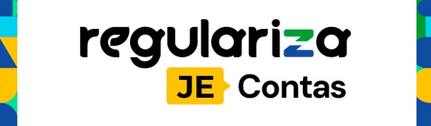 Banner de fundo branco e bordas coloridas com os dizeres: regulariza JE contas